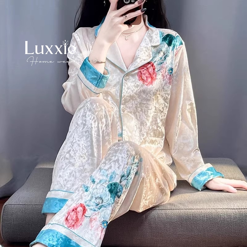 NHUNG06  Pijama vải nhung hoa hồng viền xanh_thumbnail_4