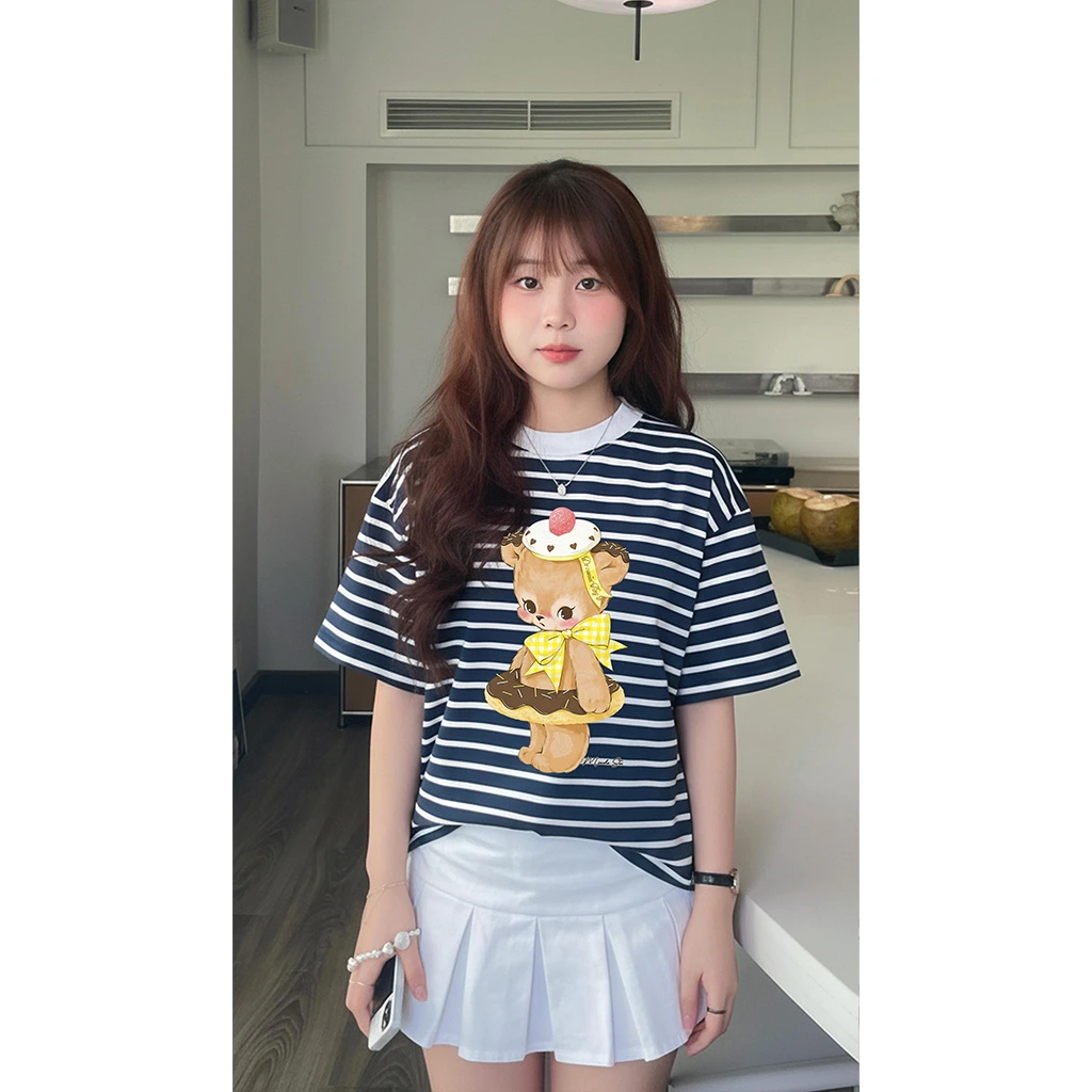 Áo thun boxy nữ Miucho vải borip mềm mại thoáng mát gấu dễ thương sọc mix màu in artwork 2731_thumbnail_5