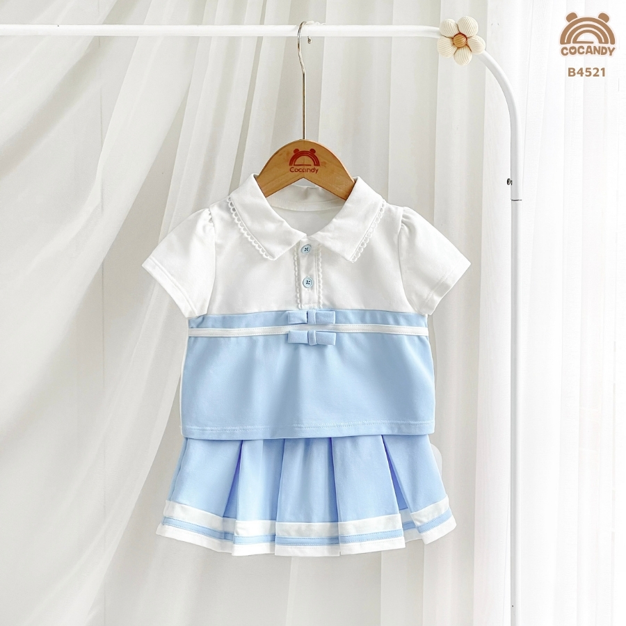 Bộ cộc XANH DƯƠNG phối trắng 2 nơ + chân váy