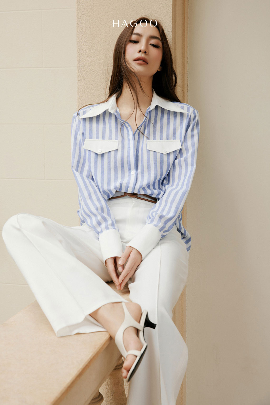 Áo kẻ sọc Linen phối trắng HAGOO