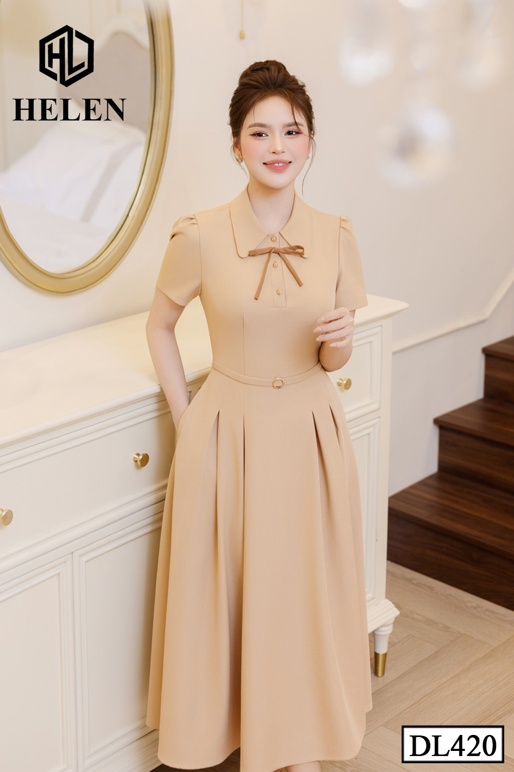 Đầm xòe nâu cổ đức đai eo DL420_thumbnail_3