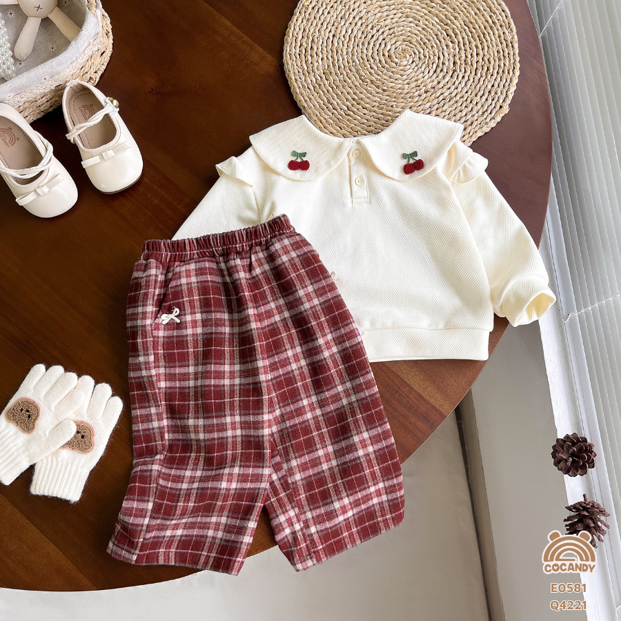 Quần dài suông kẻ ĐỎ BE 2 nơ