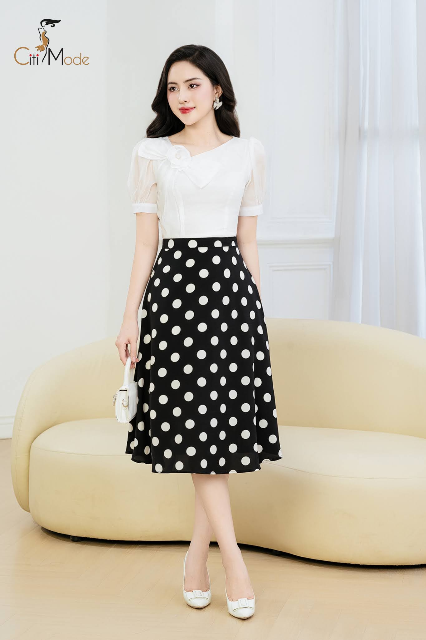 Đầm xoè trắng, phối cv chấm bi đen_thumbnail_2