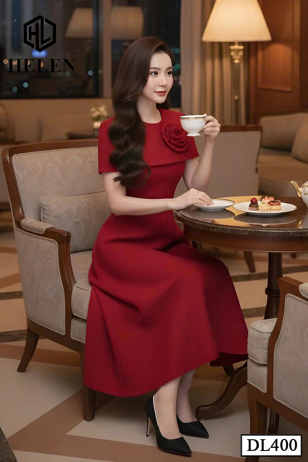 Đầm xòe đỏ cổ chùm vai DL400_thumbnail_2