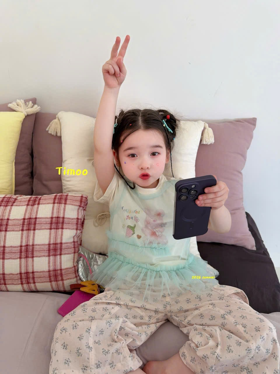 A124 - Áo cotton tay ngắn phối voan xanh 2 chi tiết hãng Timoo