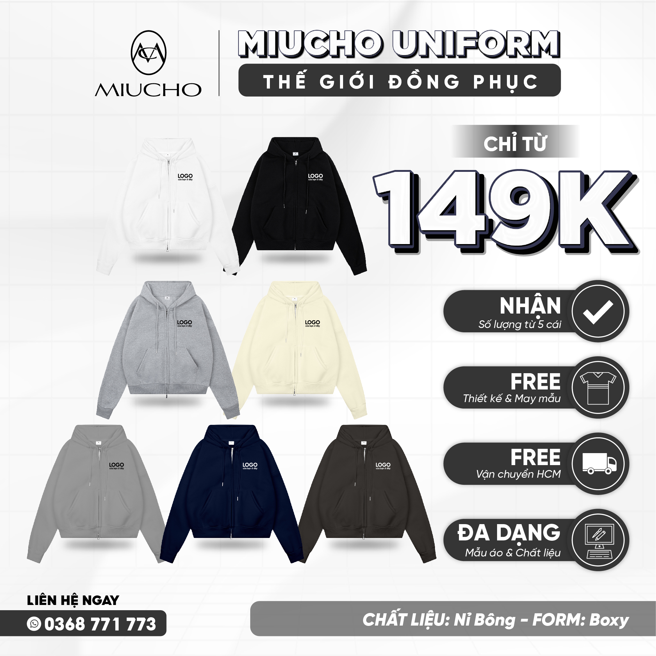 Áo hoodie zip unisex form boxy HXT01 Miucho vải nỉ bông dày dặn khóa kéo