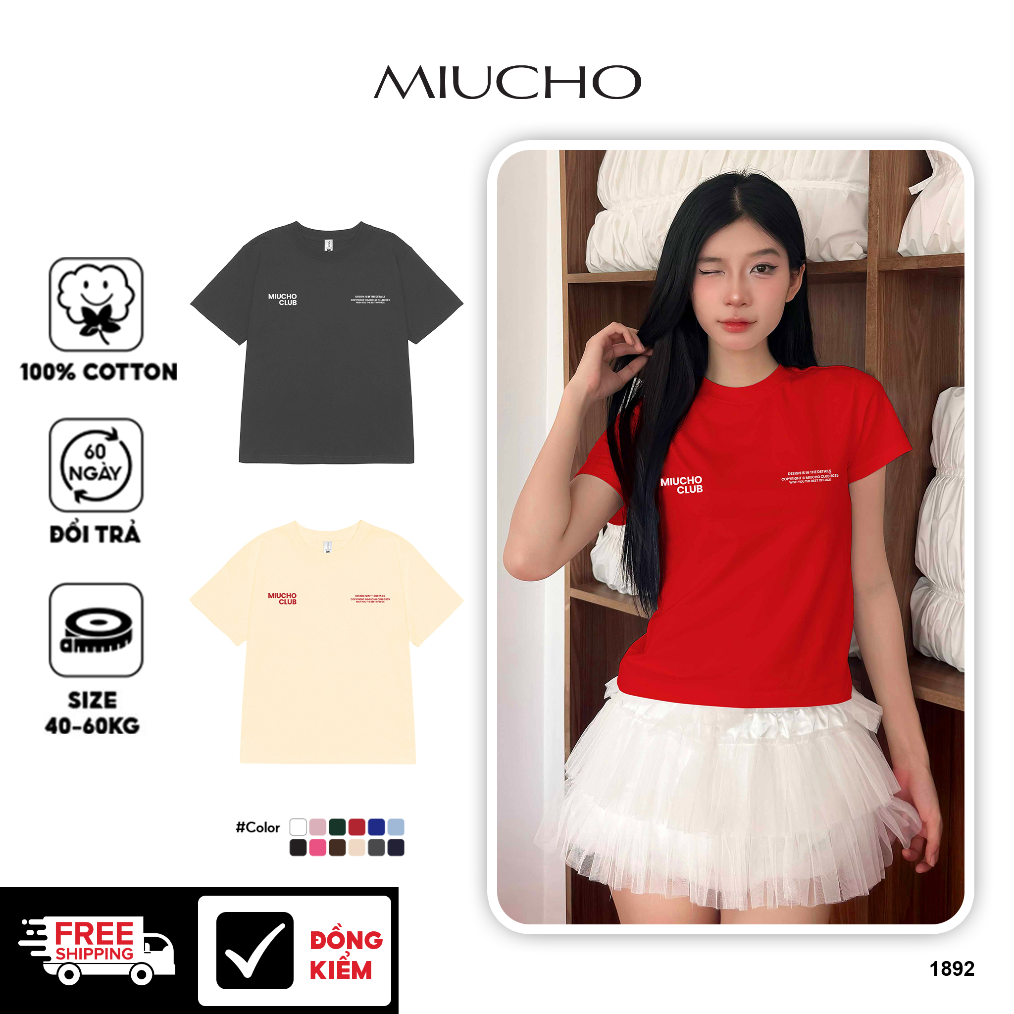 Áo baby tee tết form ôm 1892 Miucho cổ tròn chất vải cotton 4c thoáng mát in basic