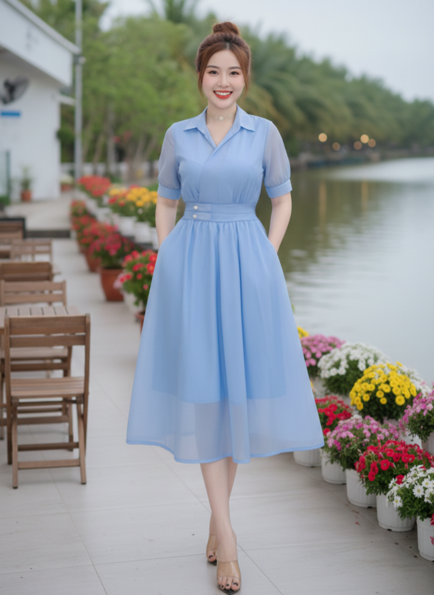 Đầm xòe cổ sơ mi nhún eo_thumbnail_0