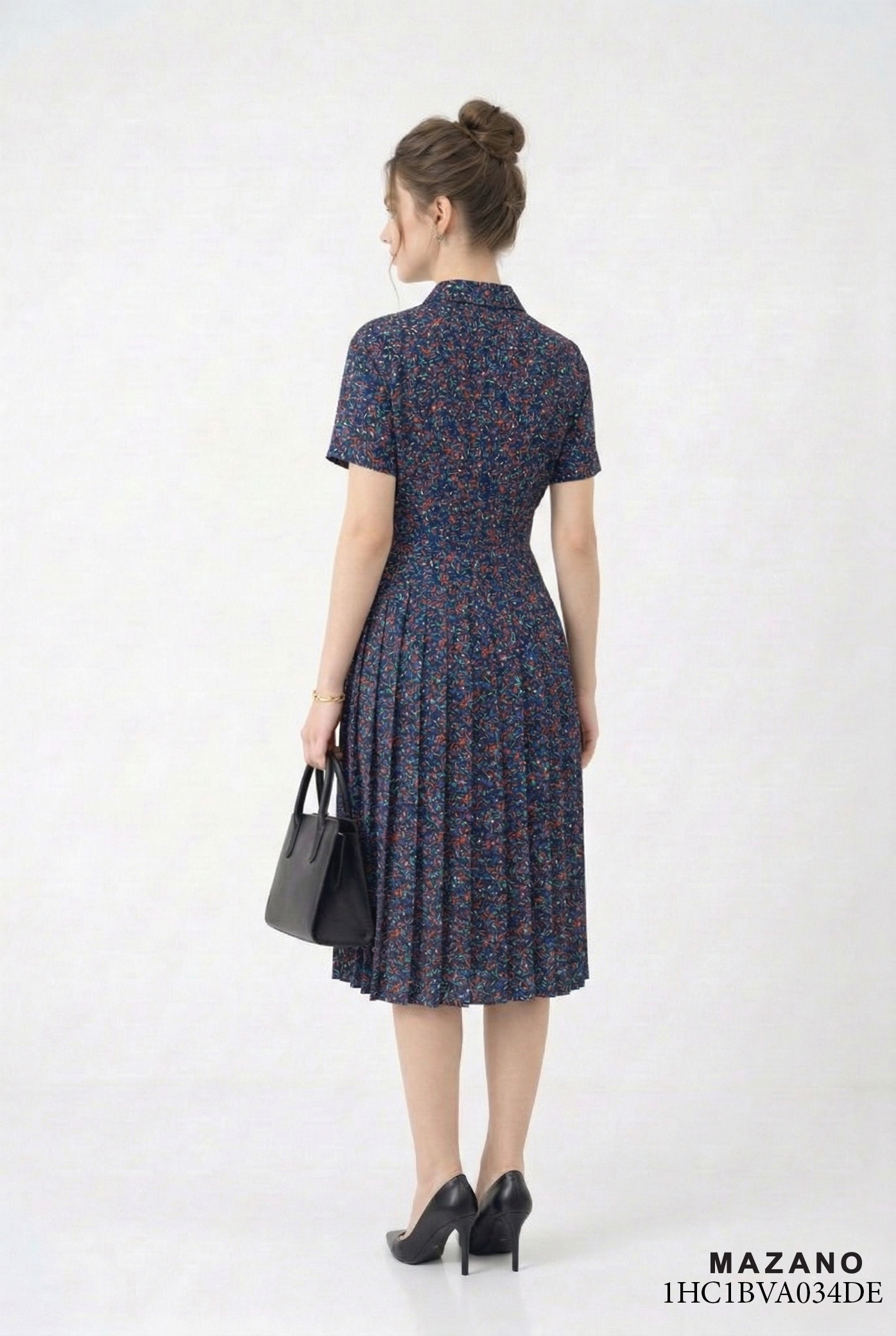 Đầm vải voan dày in hoa nhí xanh dáng ôm chân xếp ly cổ sơ mi tay ngắn thiết kế MAZANO_thumbnail_3