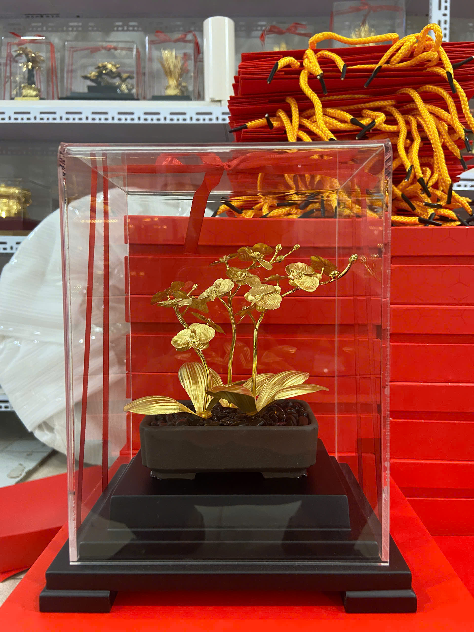 Chậu hoa lan hồ điệp 3 nhánh mạ vàng 24k KT 23 CM X 25CM 