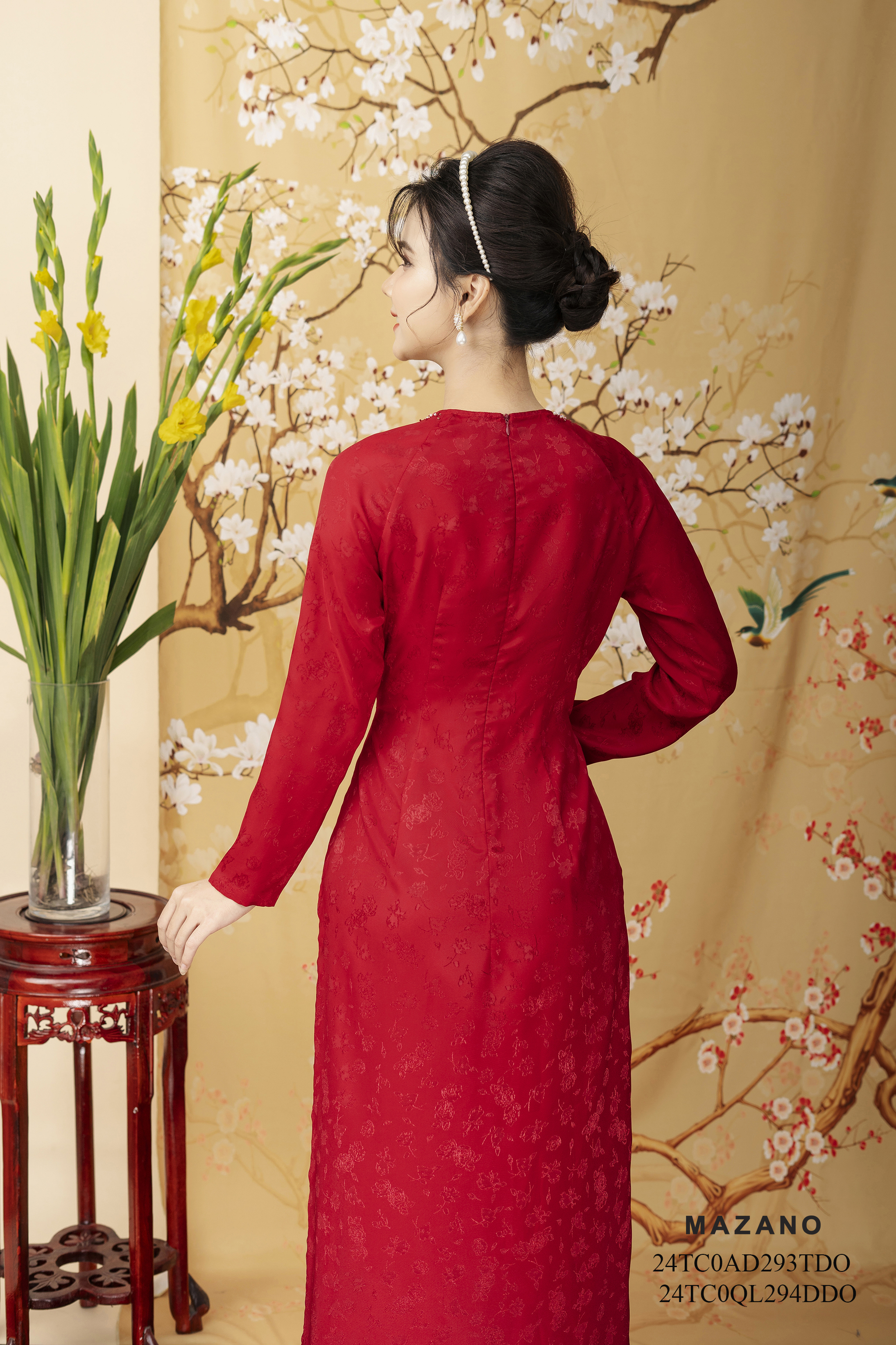 Quần áo dài suông Cạp cao Vải Lụa Dài qua mắt cá chân - Mã mẫu 24TC0QL294DDO - mã áo dài 24TC0AD293TDO_thumbnail_2