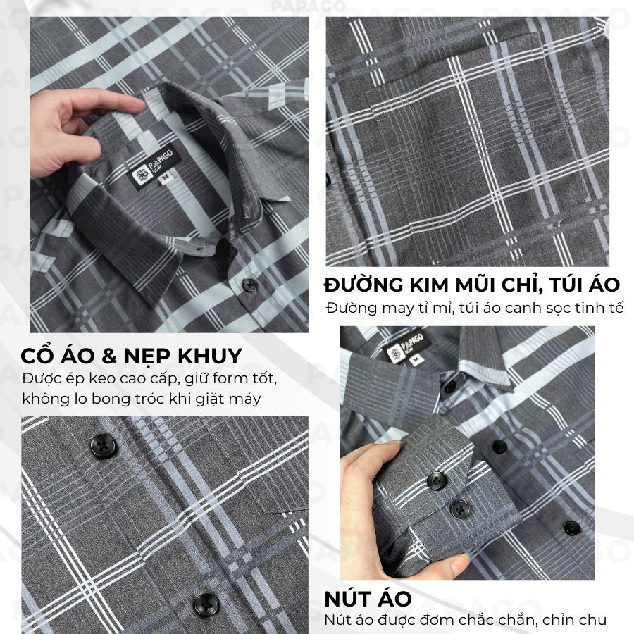 Áo sơ mi nam trung niên PAPAGO cao cấp tay dài vải lụa lai bầu in hoạ tiết sọc caro mềm mát - P23SDCR002_thumbnail_3