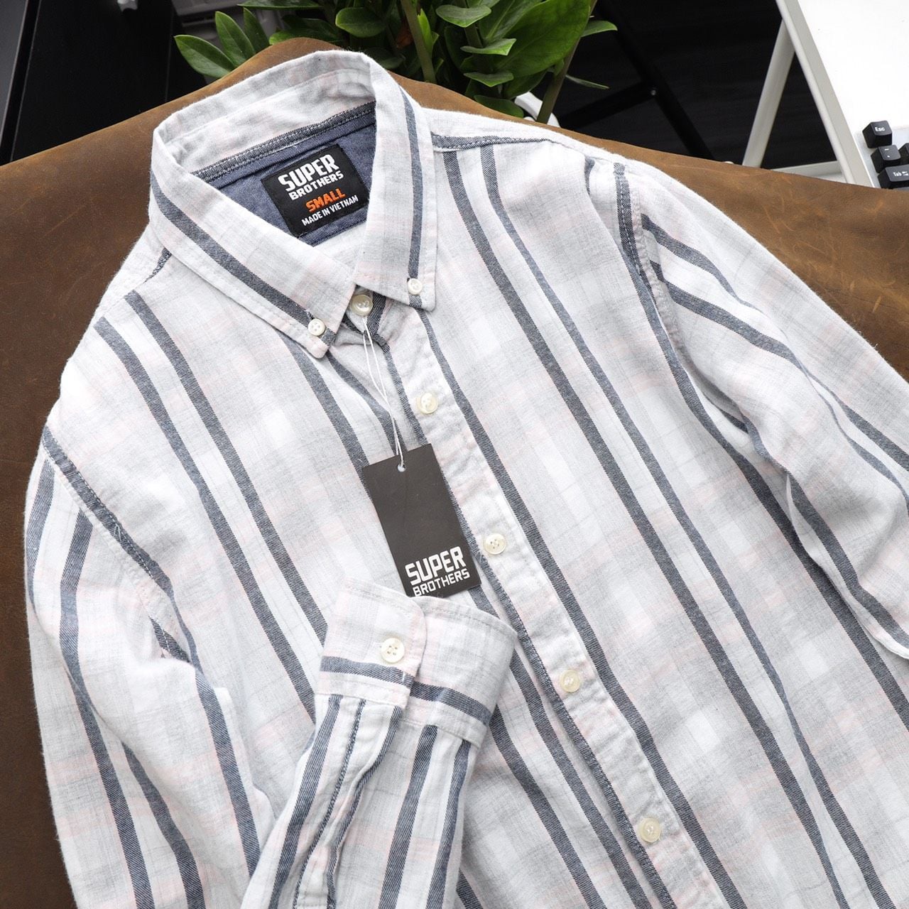 Áo Sơ Mi Super Brother FLANNEL Chất Liệu Cotton Dạ Màu Trắng Sọc_thumbnail_2
