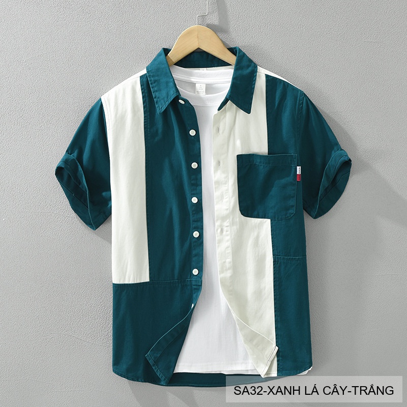 SA32 - Áo sơ mi nam phối màu tay ngắn phong cách Hàn Quốc, chất cotton 100%, dáng lỏng thoải mái