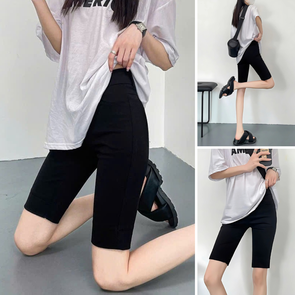 Quần Legging Nữ dáng lửng màu đen - Quần biker chất umi co giãn 4 chiều Loza LQ035224