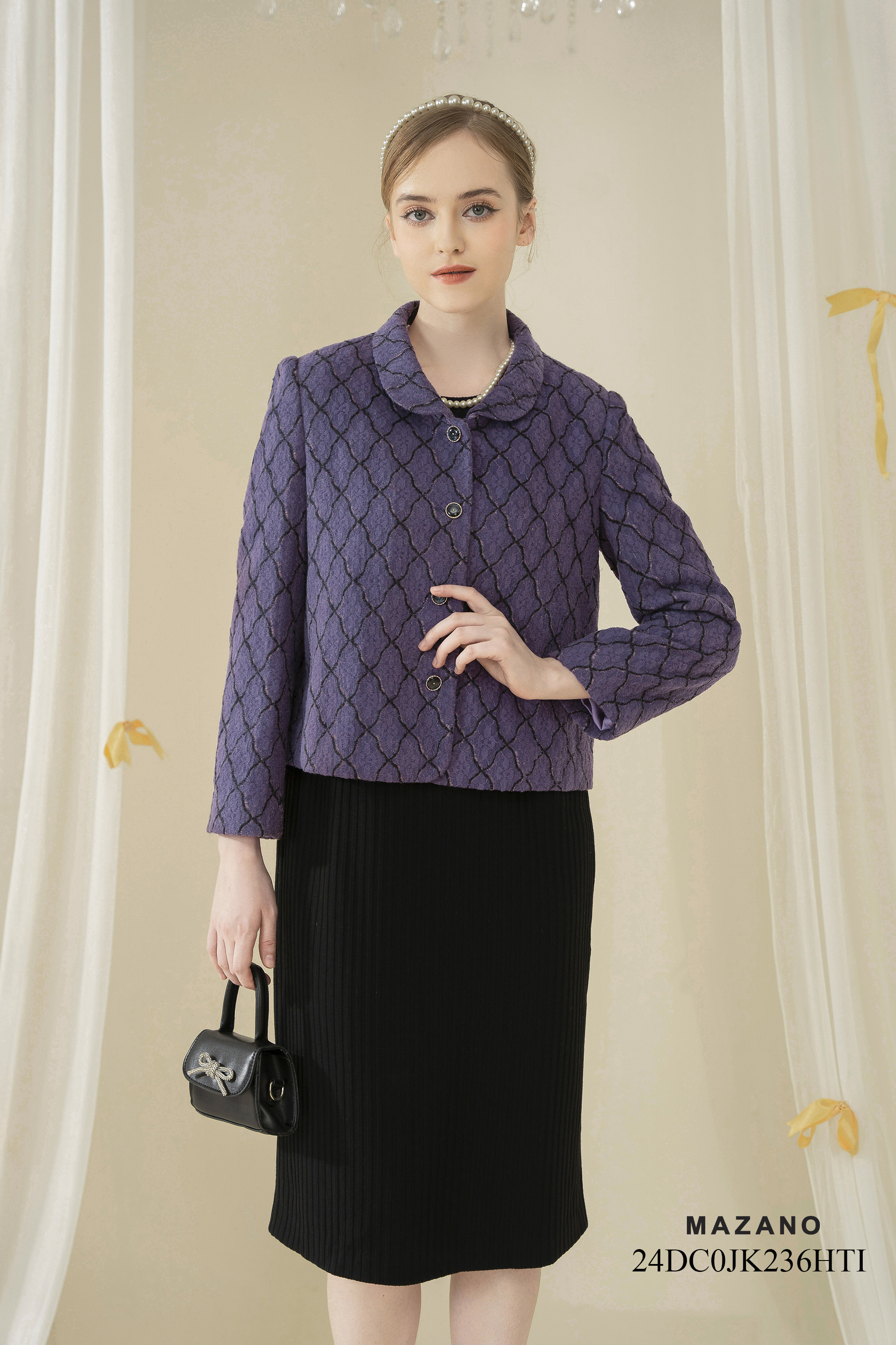 Áo khoác ngắn Suông Vải dạ len cao cấp Họa tiết quả trám Dài dưới eo_thumbnail_2