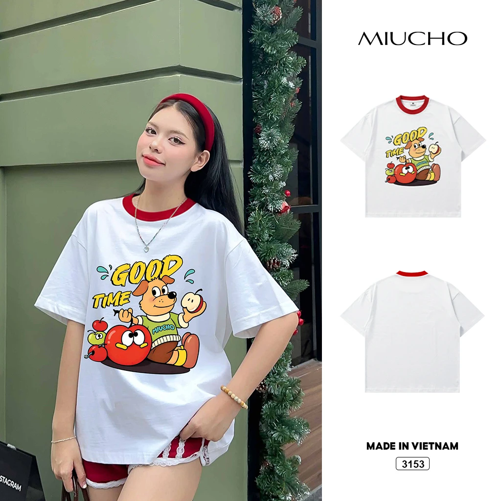 Áo thun boxy phối cổ Gấu táo đỏ Miucho 3153