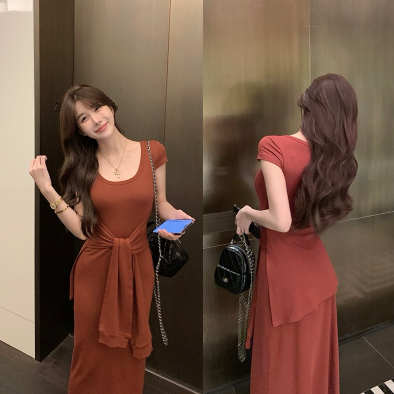 Đầm ôm body co dãn vạt rời thắt eo, váy body ngắn tay dáng dài chất thun cotton Logastore_L256