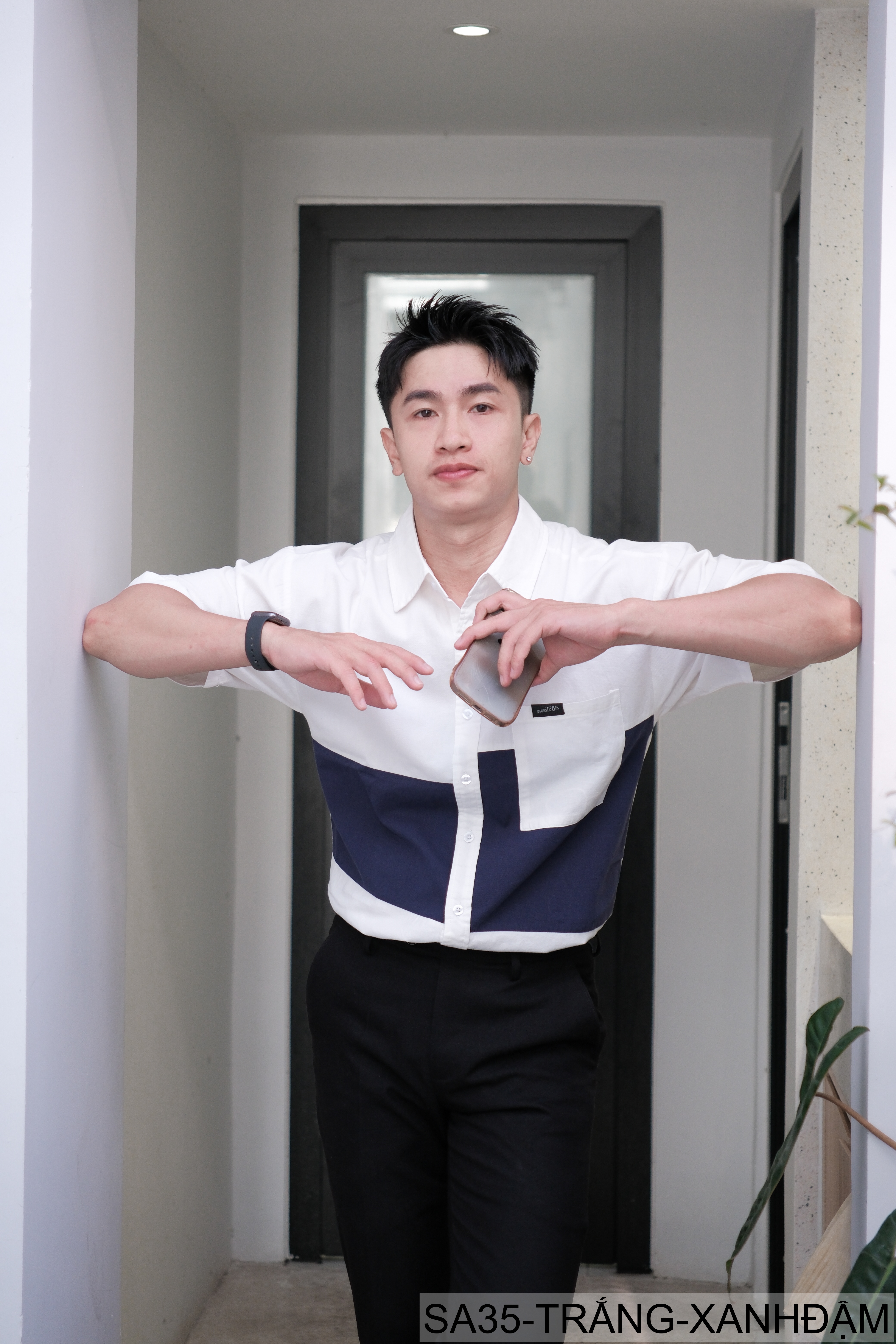 SA35 - Áo Sơ Mi Nam Tay Ngắn Phong Cách Nhật Bản, Chất Liệu Bông 100%, Thiết Kế Phối Màu Trẻ Trung_thumbnail_3