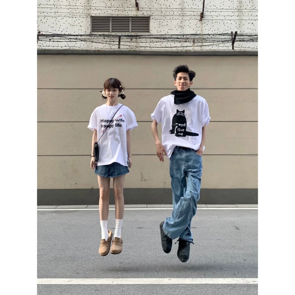 Áo thun couple cặp đôi form rộng tay lỡ màu xinh ATD864 Miucho vải cotton cổ tròn in mix_thumbnail_5