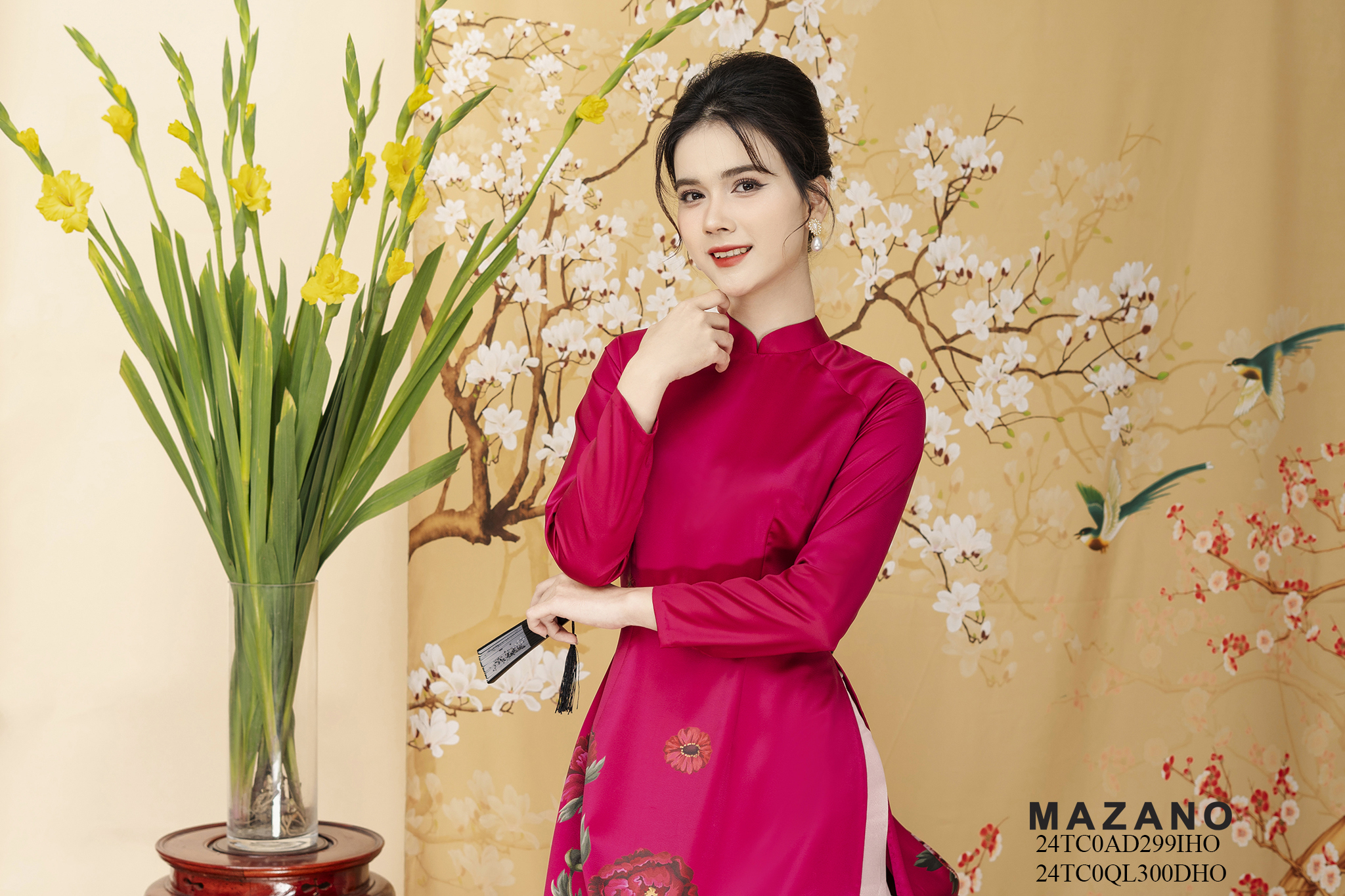 Áo Dài in hoa thược dược Vải lụa ngọc trai Cổ tàu Tay dài Dài tới mắt cá chân- mã mẫu 24TC0AD299IHO_thumbnail_6