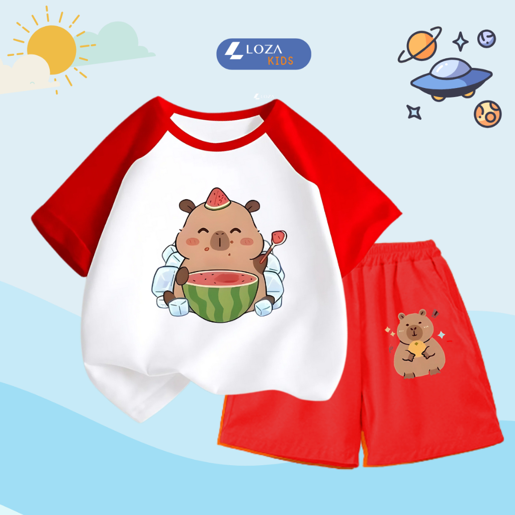 Bộ quần áo trẻ em phối màu in hình 'Capybara dưa hấu'- Loza Kids BD031