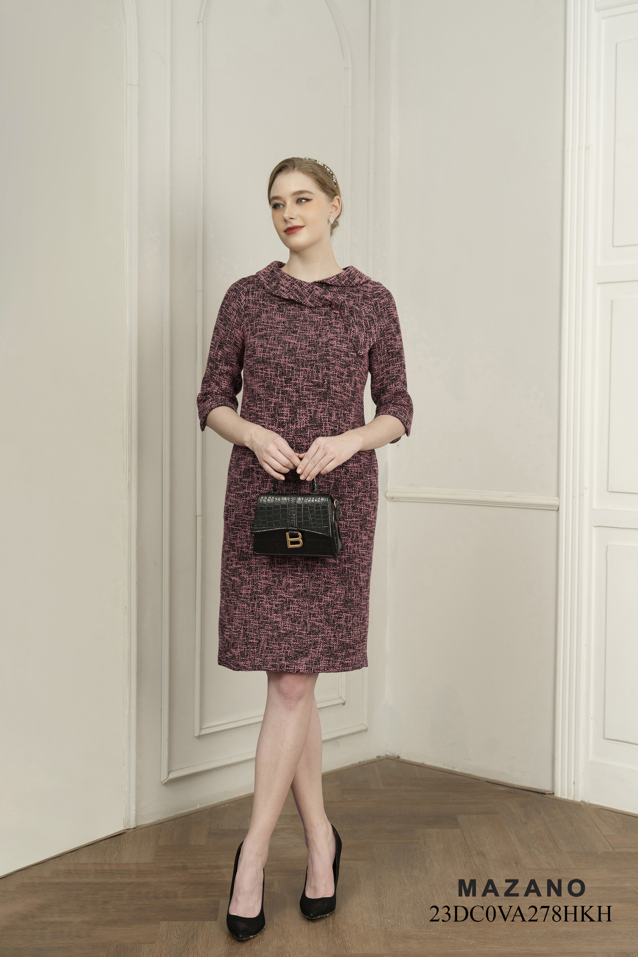 Váy Đầm Suông Vải dạ tweed Cổ bẻ cách điệu Tay lỡ Dài qua gối