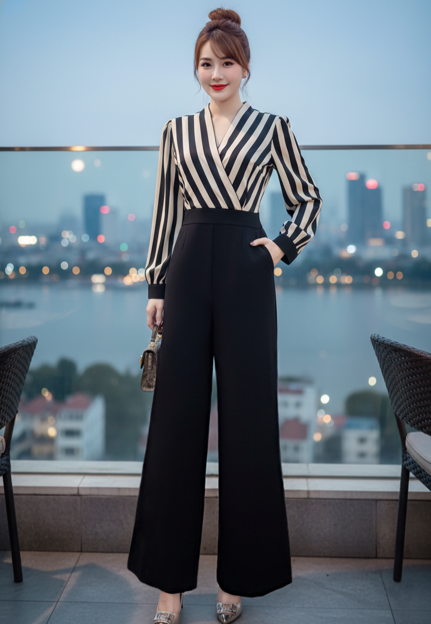 Jumpsuit tay dài thiết kế cổ V Phong cách thanh lịch_thumbnail_5