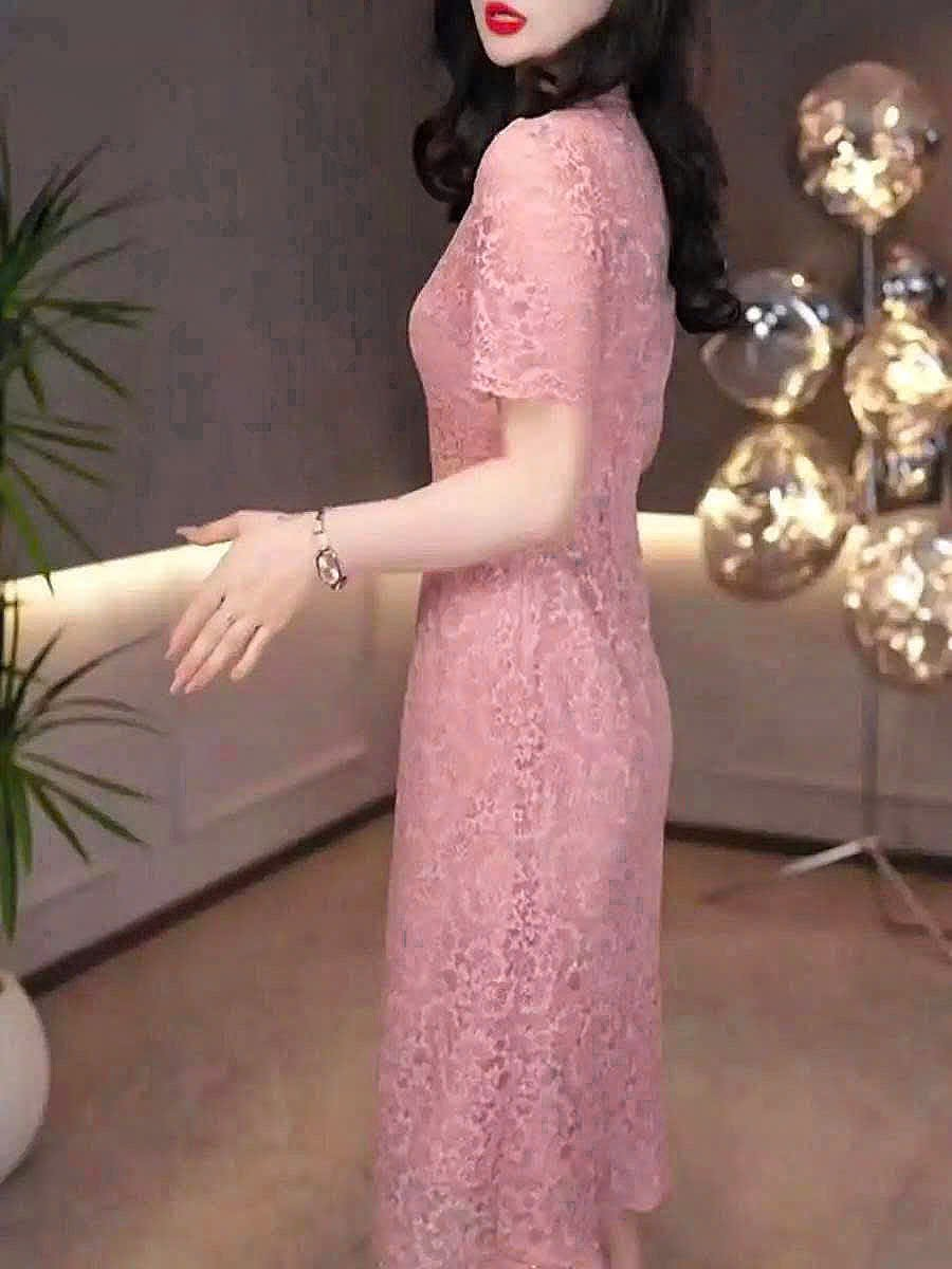 18017-Đầm suông ren màu hồng san hô cổ tàu cách điệu ( ren, lót)_thumbnail_2