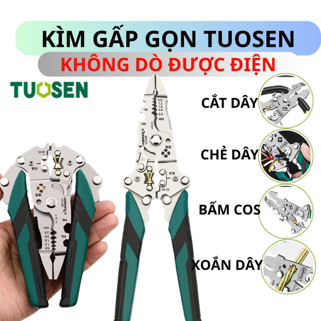 Kìm đa năng tuosen dò điện – cắt dây, tước dây, xoắn dây, bấm cos, kiểm tra điện – dụng cụ sửa chữa chuyên dụng cho thợ