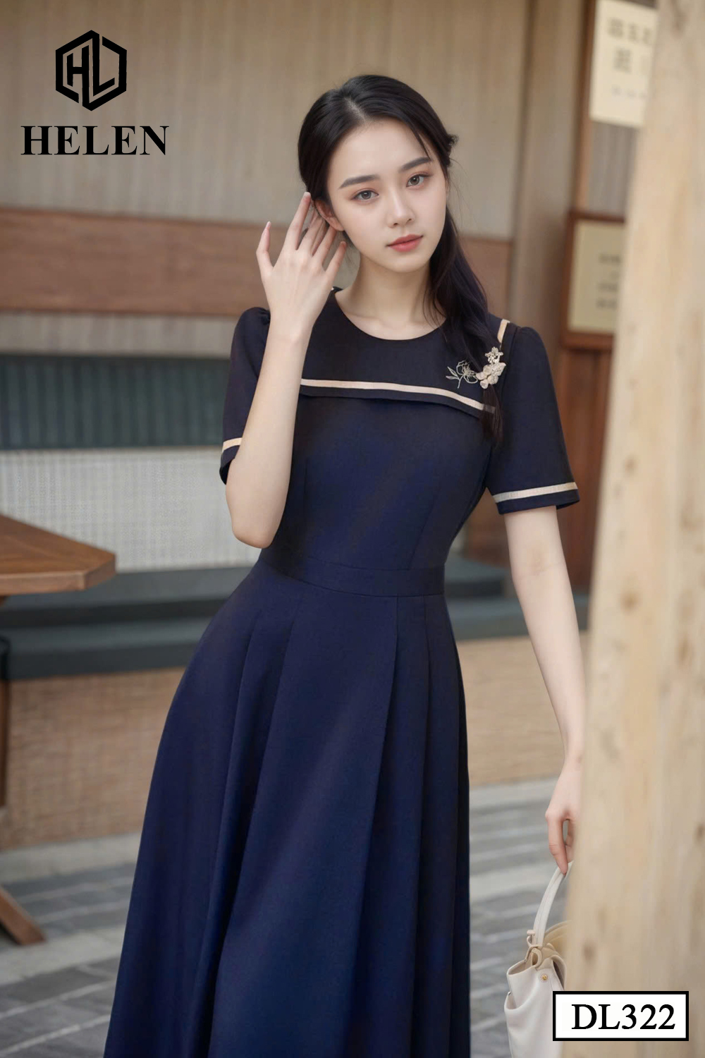 Đầm xòe xanh cổ vuông bo viền DL322