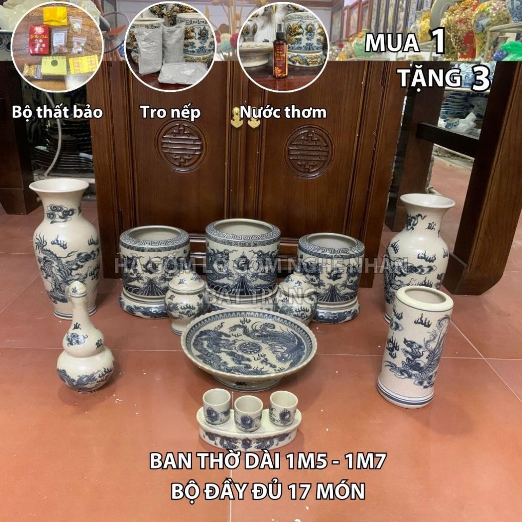 HG120 Đồ Thờ Cúng Bộ 17 món ban thờ 1M5 - 1M7 men rạn trơn nghệ nhân Bát Tràng chế tác TẶNG Thất Bảo, Tro Nếp
