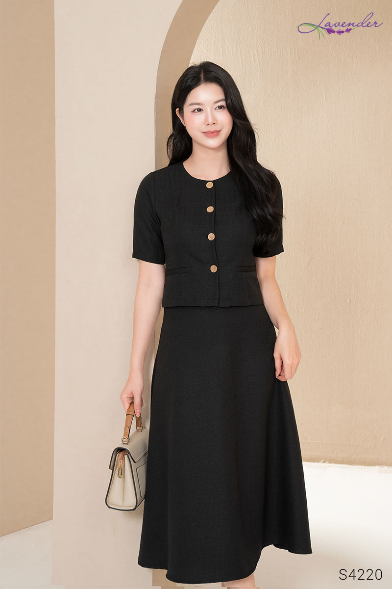 Set vest tweed tay cộc màu đen