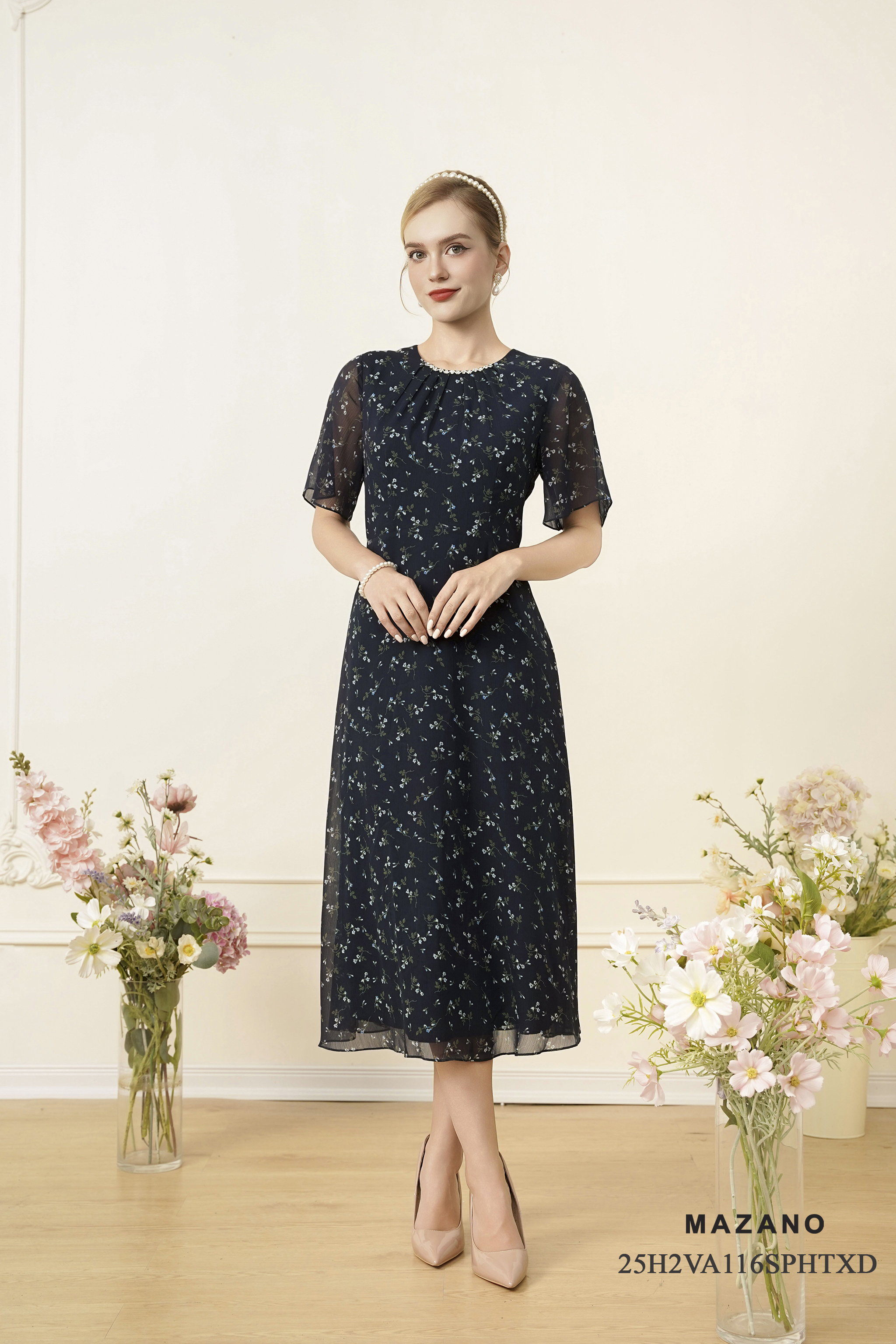 Váy Đầm Ôm Vải chiffon Hoạ tiết hoa nhí Cổ tròn Đính đá thủ công Tay ngắn Dài qua bắp chân