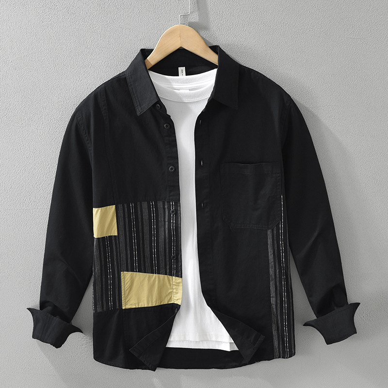 Áo Sơ Mi Dài Tay Chắp Vá Nhật Bản Nam – Phong Cách Retro Nghệ Thuật, Dáng Rộng Thời Trang