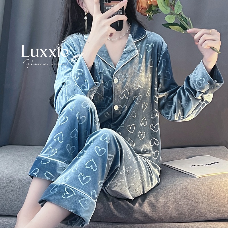 NHUNG09 Pijama vải nhung họa tiết trái tim