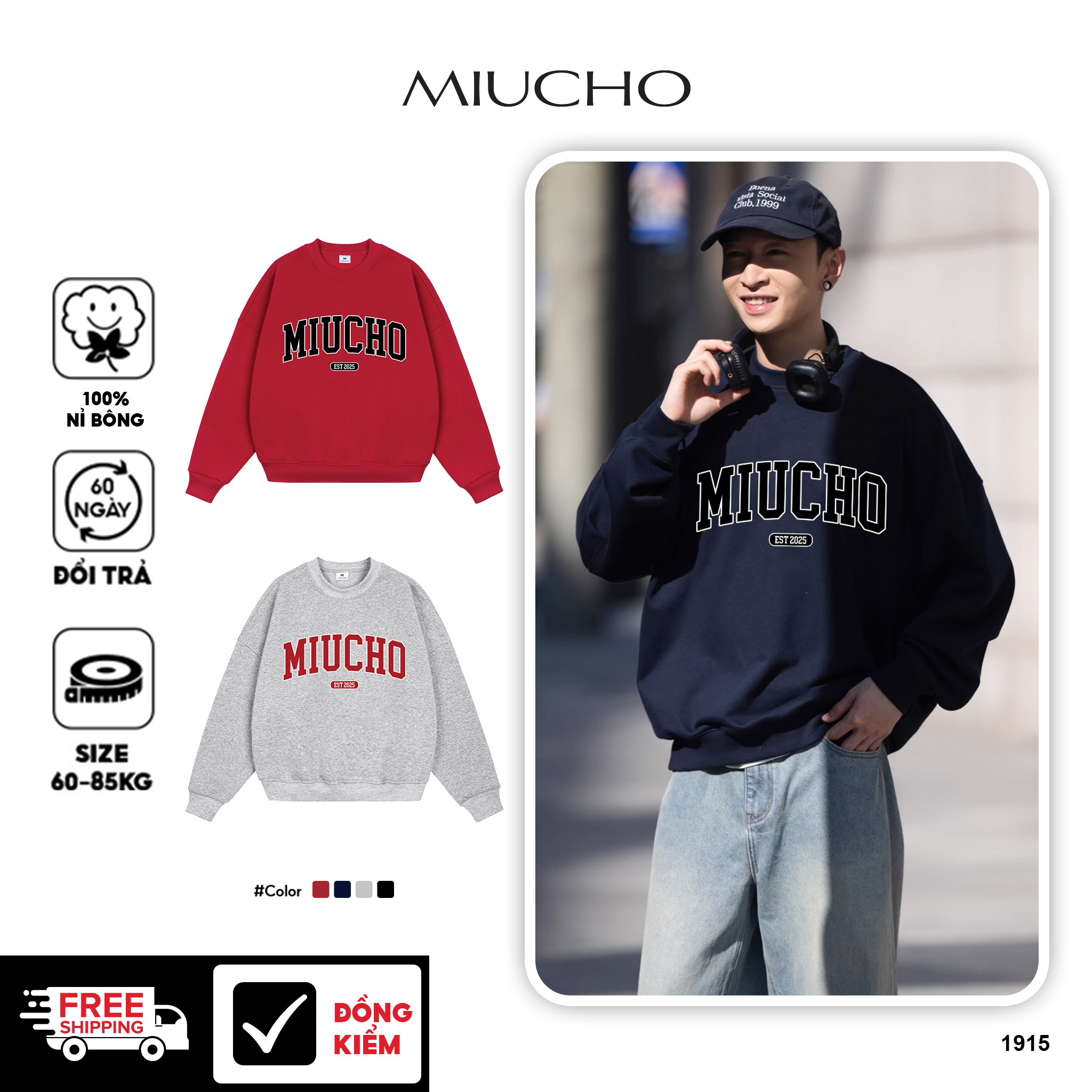 Áo sweater nam form boxy 1915 Miucho Club cổ tròn vải nỉ bông 350 GSM dày dặn in mix
