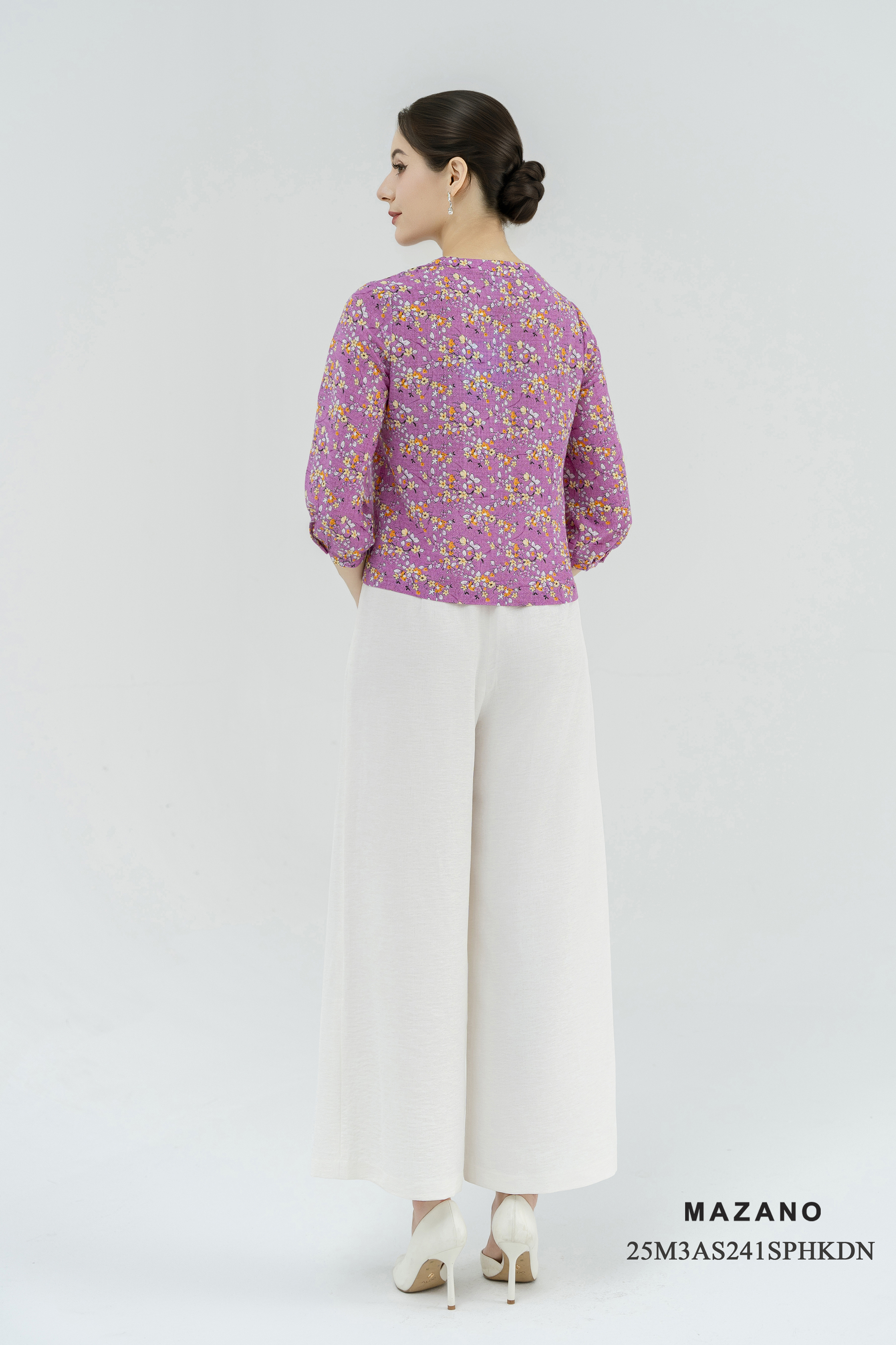 Áo sơ mi cài khuy Suông Vải thô mỏng Họa tiết hoa nhỉ Cổ tàu cách điệu cài khuy Tay lỡ Dài dưới eo_thumbnail_4