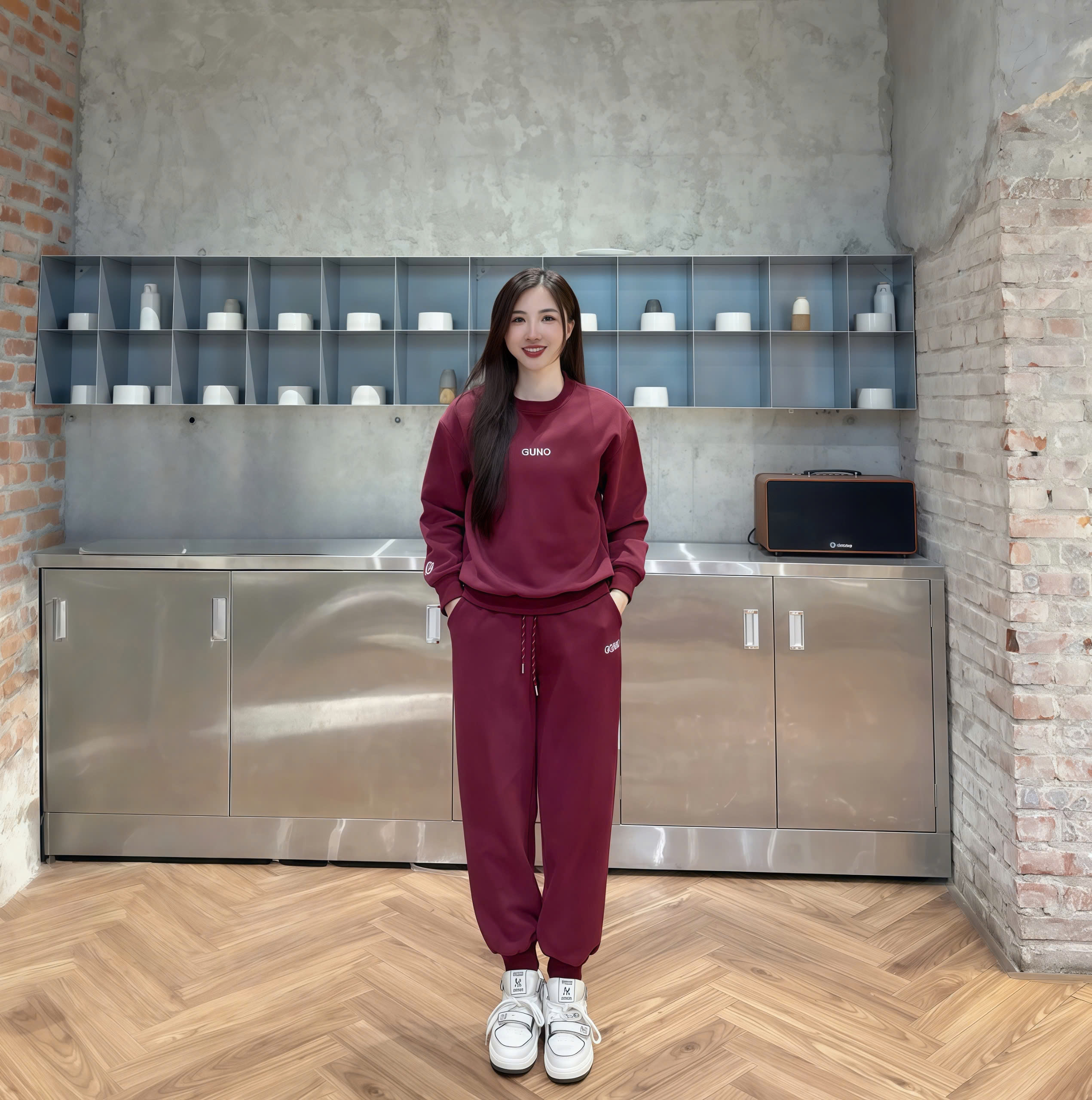 25BG150-Bộ quần áo NỈ NỮ GUNO logo tay quần bo BASIC 200226_thumbnail_3