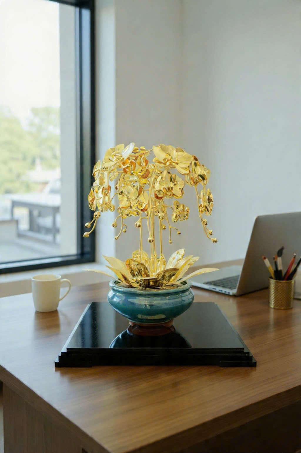 Chậu hoa lan 5 nhánh mạ vàng 24k 