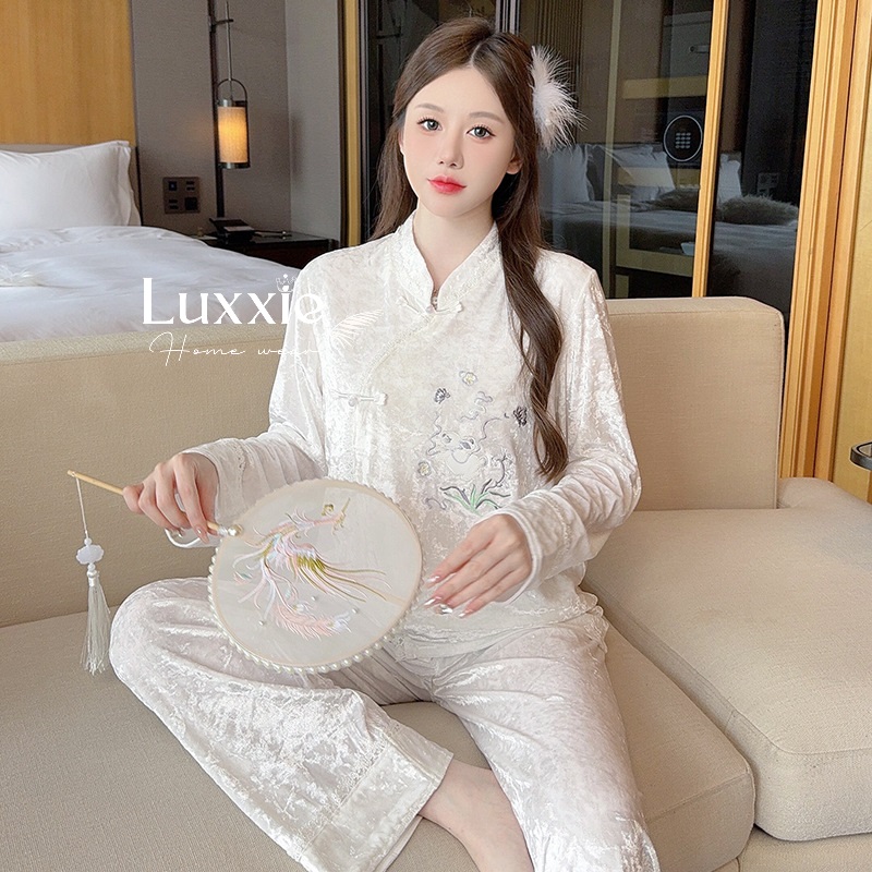 NHUNG17 Pijama vải nhung trắng phong cách trung hoa