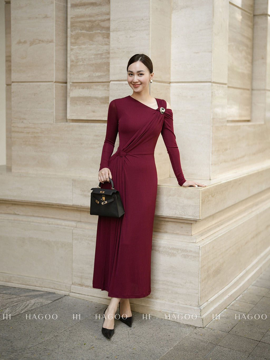 Váy thun nhún eo khuy cài vai trang trí HAGOO_thumbnail_4