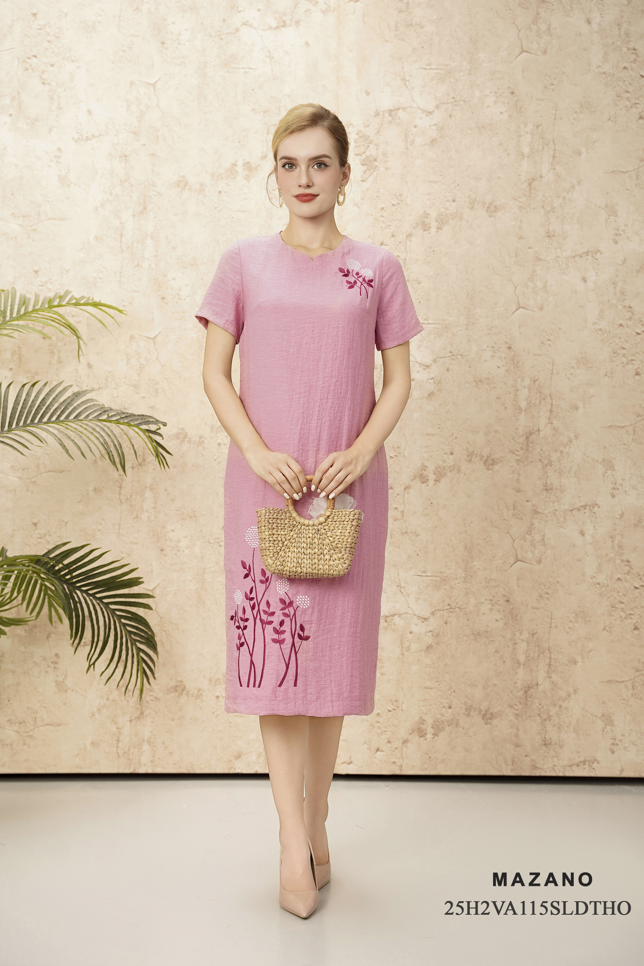 Váy Đầm suông Vải linen lụa Thêu họa tiết thủ công Cổ tròn Tay ngắn Dài trên bắp chân