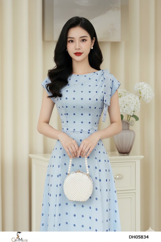 Đầm xòe chấm bi xanh cổ vạt vai cách điệu_thumbnail_2