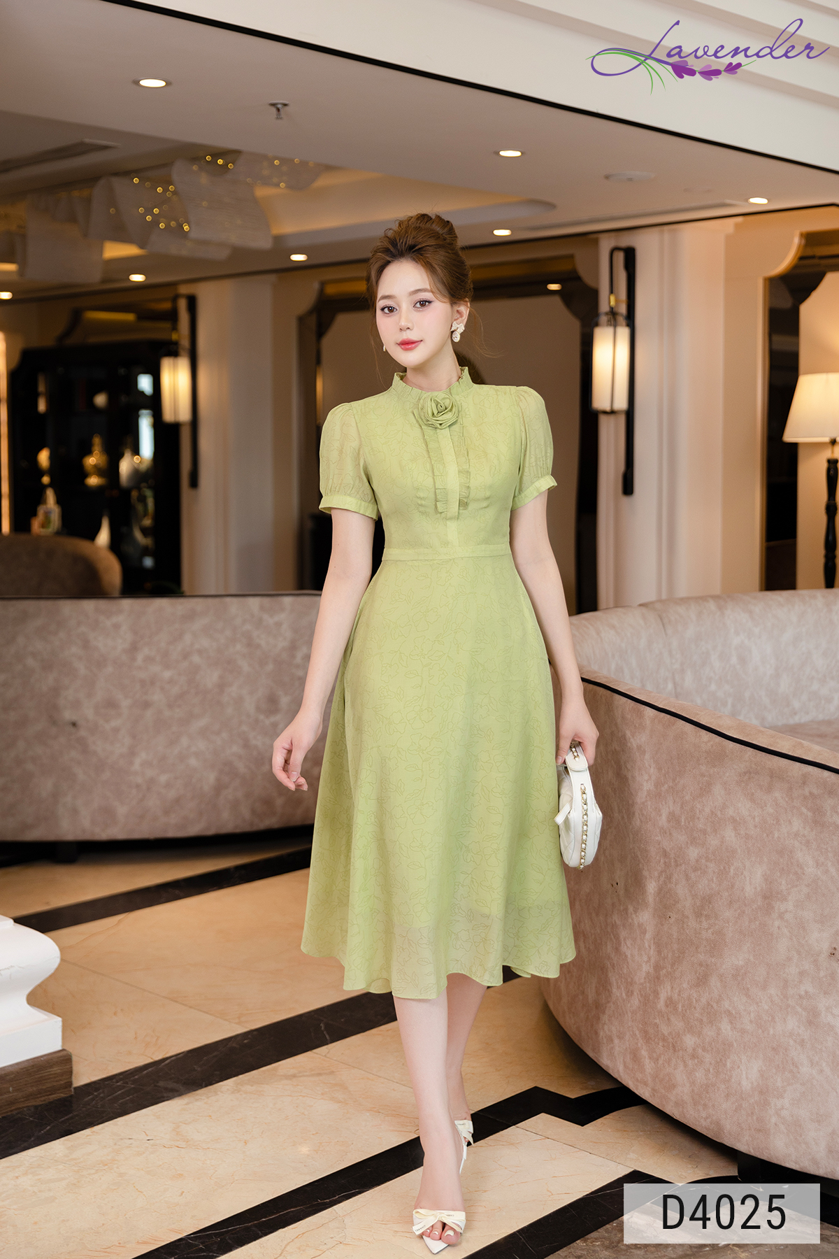 Đầm xòe vân hoa xanh cốm tay ngắn D4025_thumbnail_2