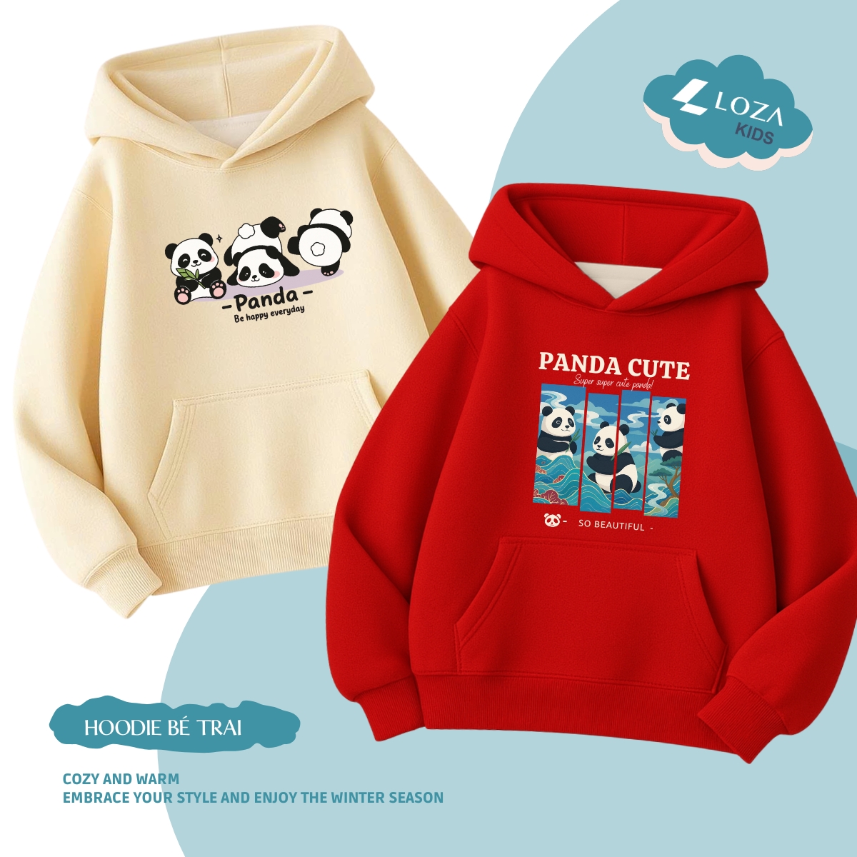Áo nỉ hoodie bé trai in hình gấu trúc Panda - Loza Kids HN001