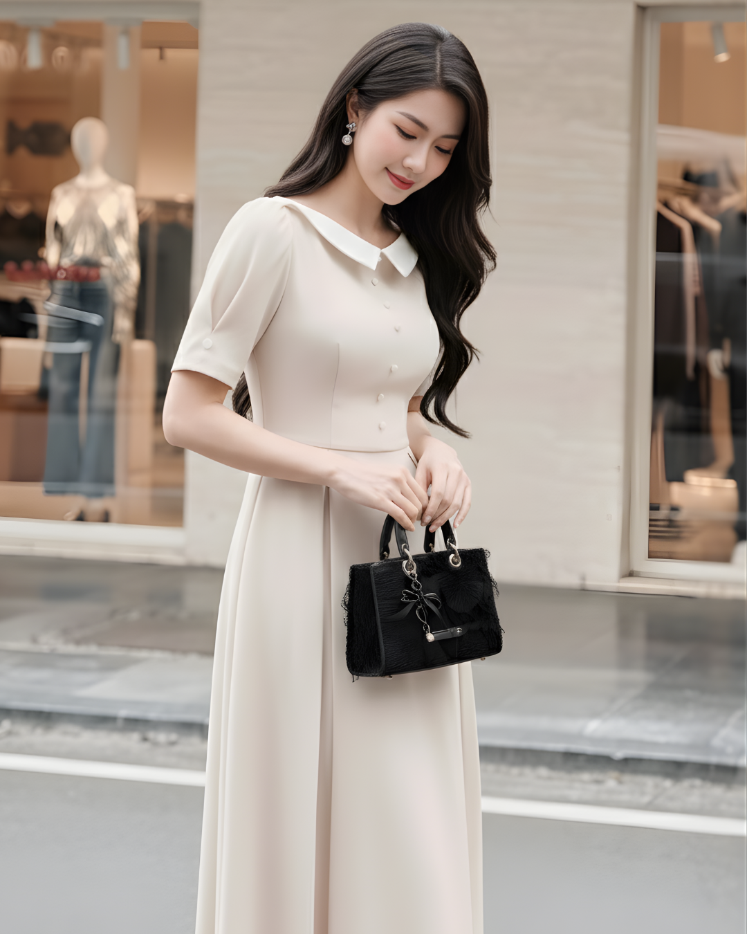 Túi xách đen UHE RISE – tay cầm sang, đeo chéo tiện, nền hoa nổi, charm nơ ngọc trai_thumbnail_7