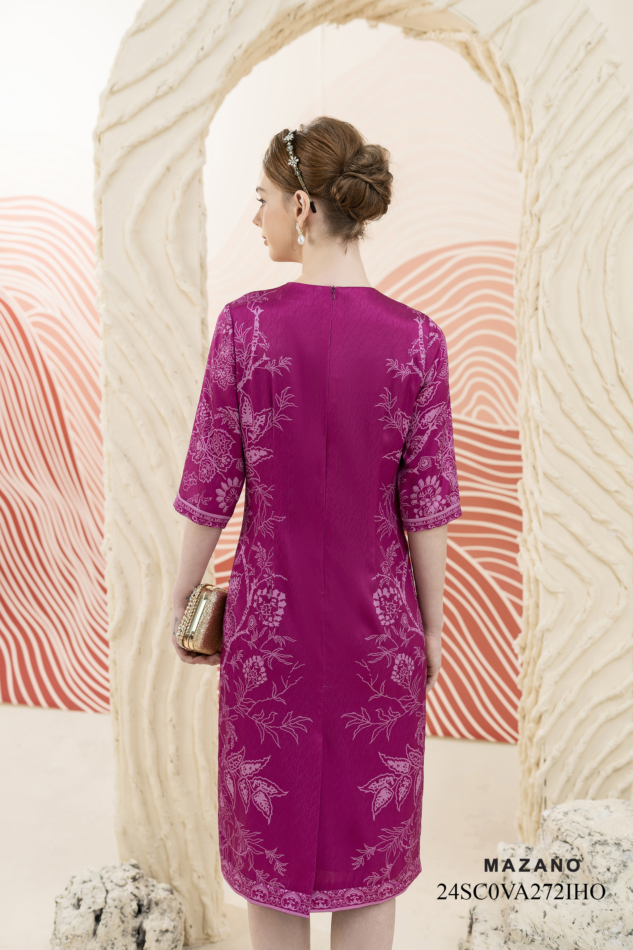 Váy Đầm suông Vải thô Hoạ tiết cách điệu Cổ tròn Tay lỡ Dài đến bắp chân_thumbnail_5