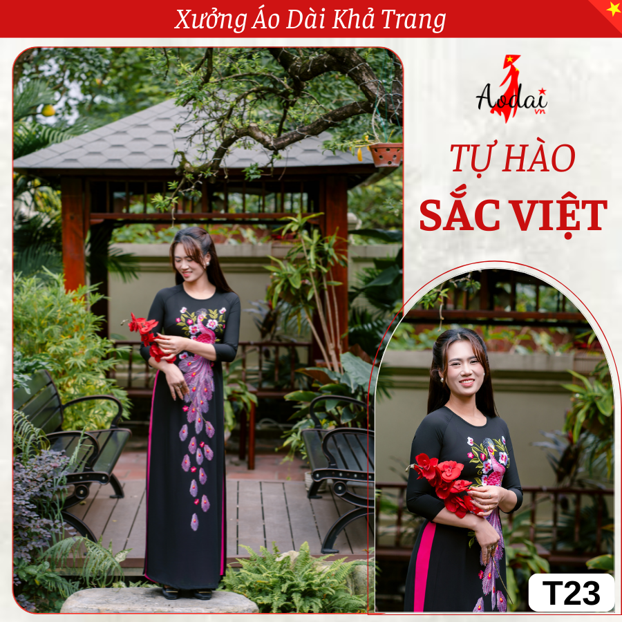 T23 Áo Dài Màu Đen Thêu Công Hồng Sen Cổ Tròn Tay Lỡ_thumbnail_4