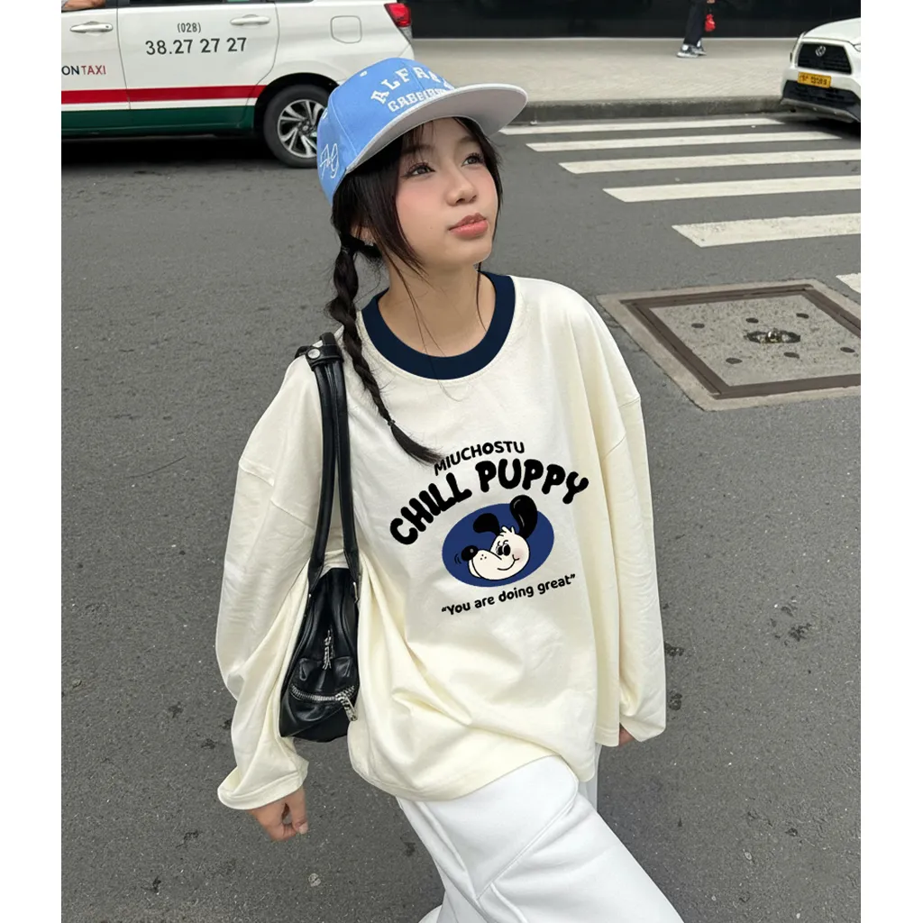 Áo thun tay dài form boxy Miucho vải thoáng mát phối cổ in mix tôn dáng Chill Puppy 2810_thumbnail_4